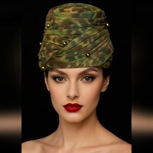 VINTAGE LESLIE JAMES DRAPED SATIN HAT GREEN GOLD JEWEL BUTTON DETAIL